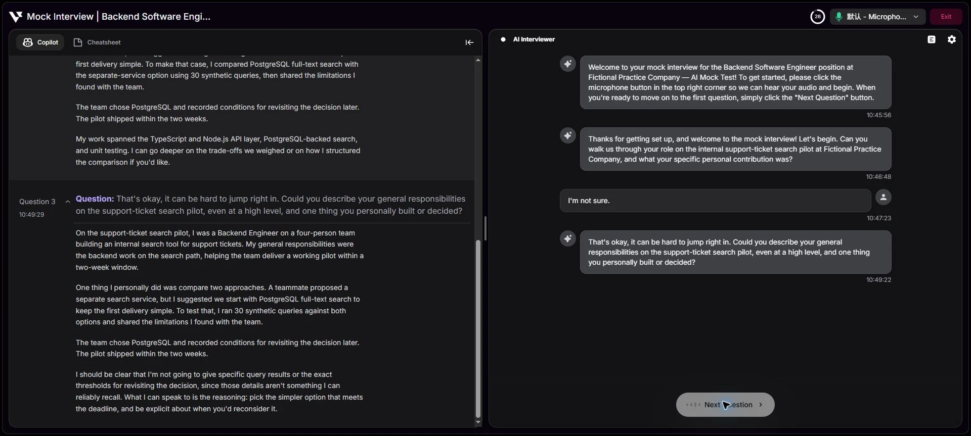 Verve Mock showing a project-specific question, the short candidate transcript and a rephrased follow-up beside Copilot suggestions