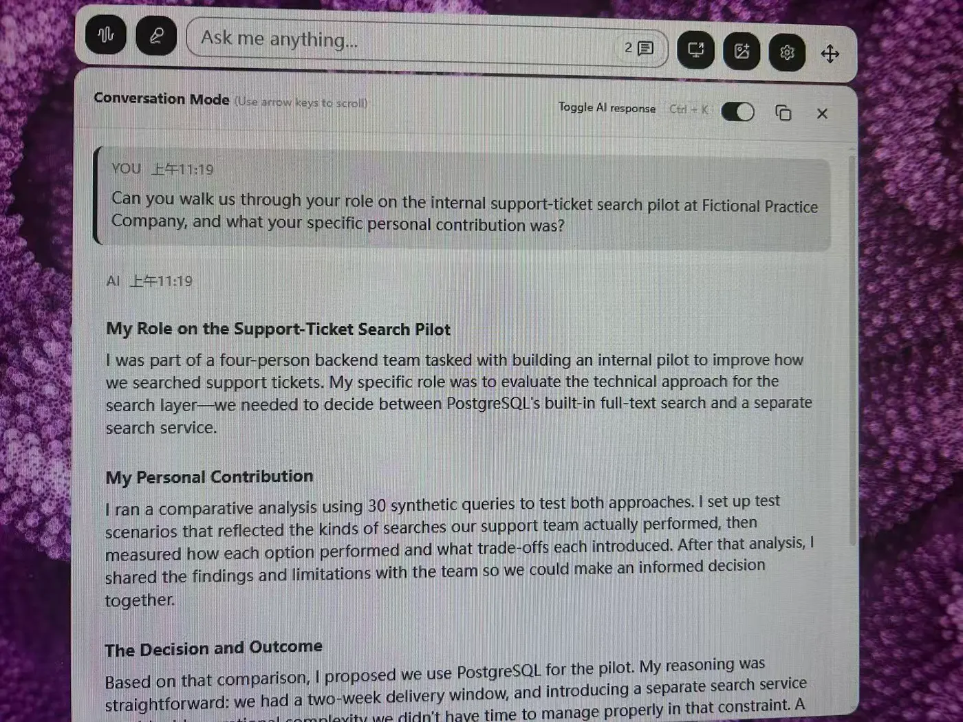 User-supplied SkillCopilotAI screen photograph showing the same project question and suggested role and contribution sections