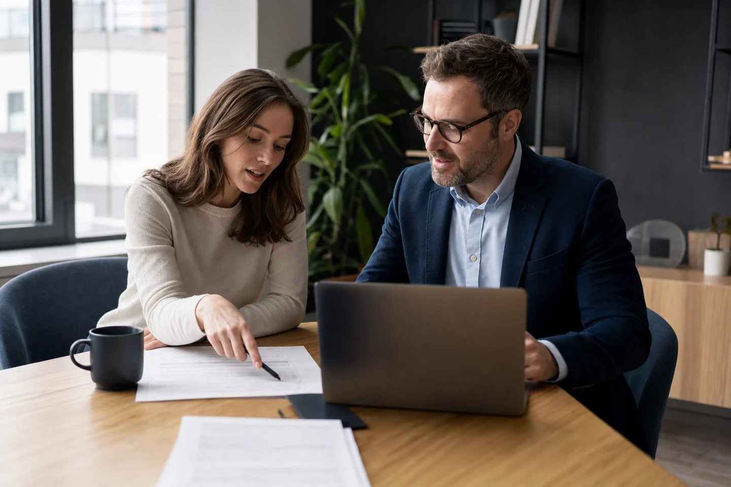 Two colleagues transparently reviewing notes after an online meeting