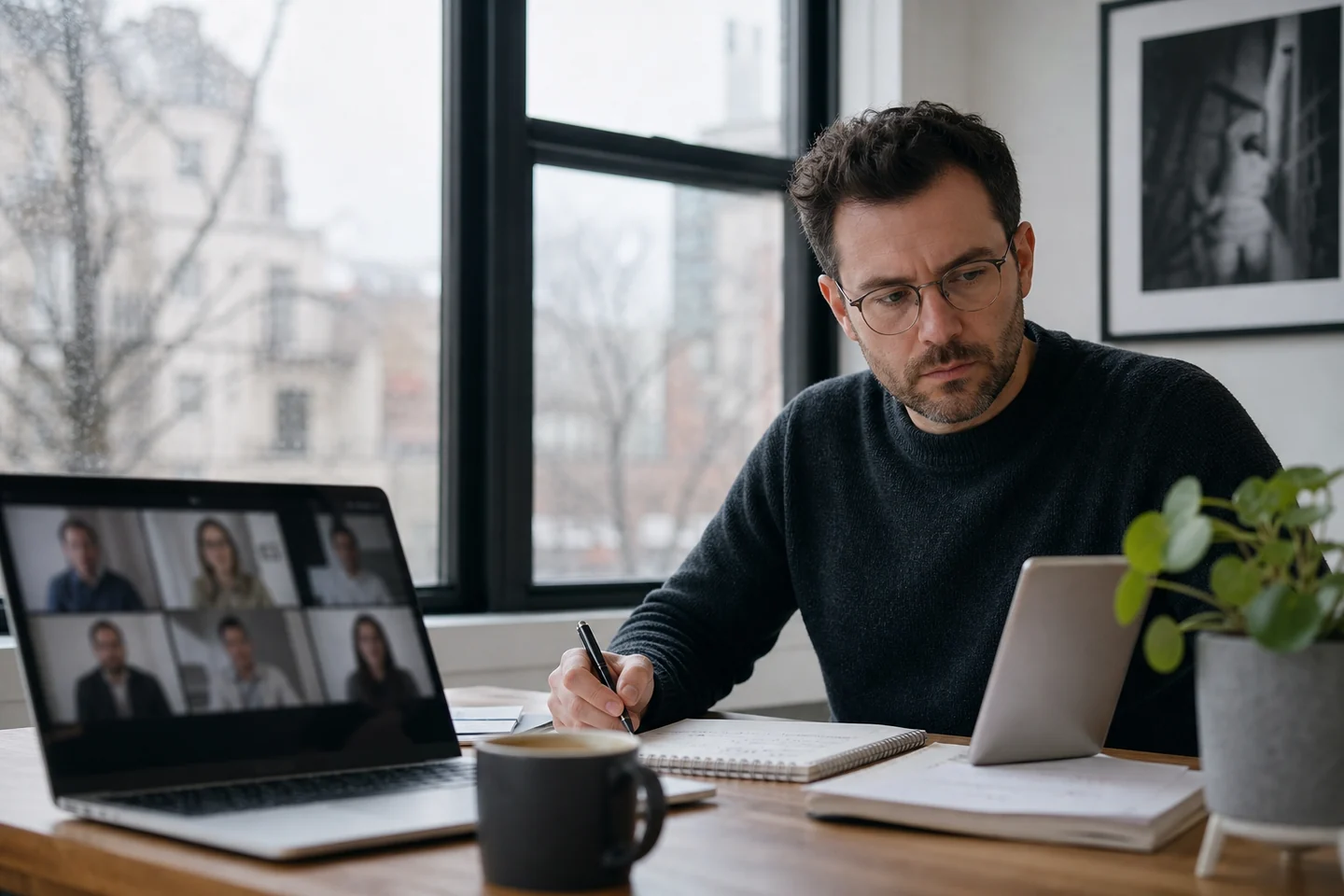 A professional dividing attention between a video call, notes, and a second device