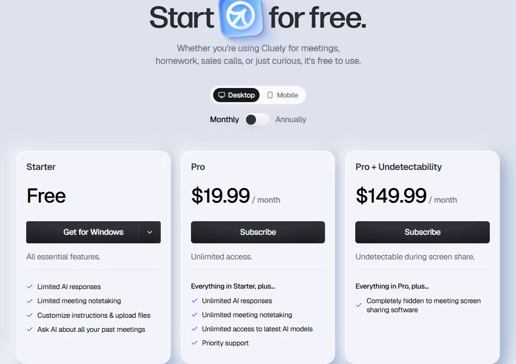 Cluely desktop monthly pricing showing Starter Free, Pro at $19.99 per month and Pro plus Undetectability at $149.99 per month, captured October 23, 2026