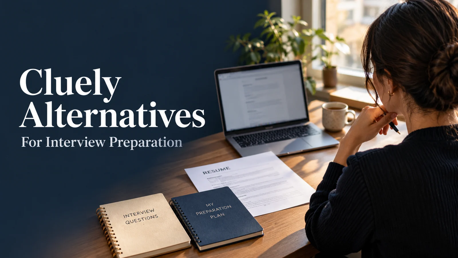 Cluely Alternatives for Interview Preparation cover showing a candidate reviewing a resume and preparation notebooks at a laptop