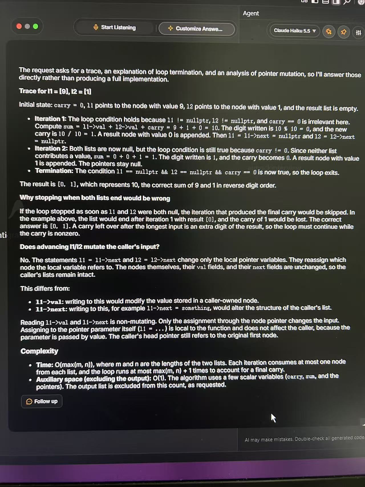 CTRLpotato practice answer tracing 9 plus 1 into reverse-order digits 0 and 1 and explaining carry, pointer reassignment and complexity