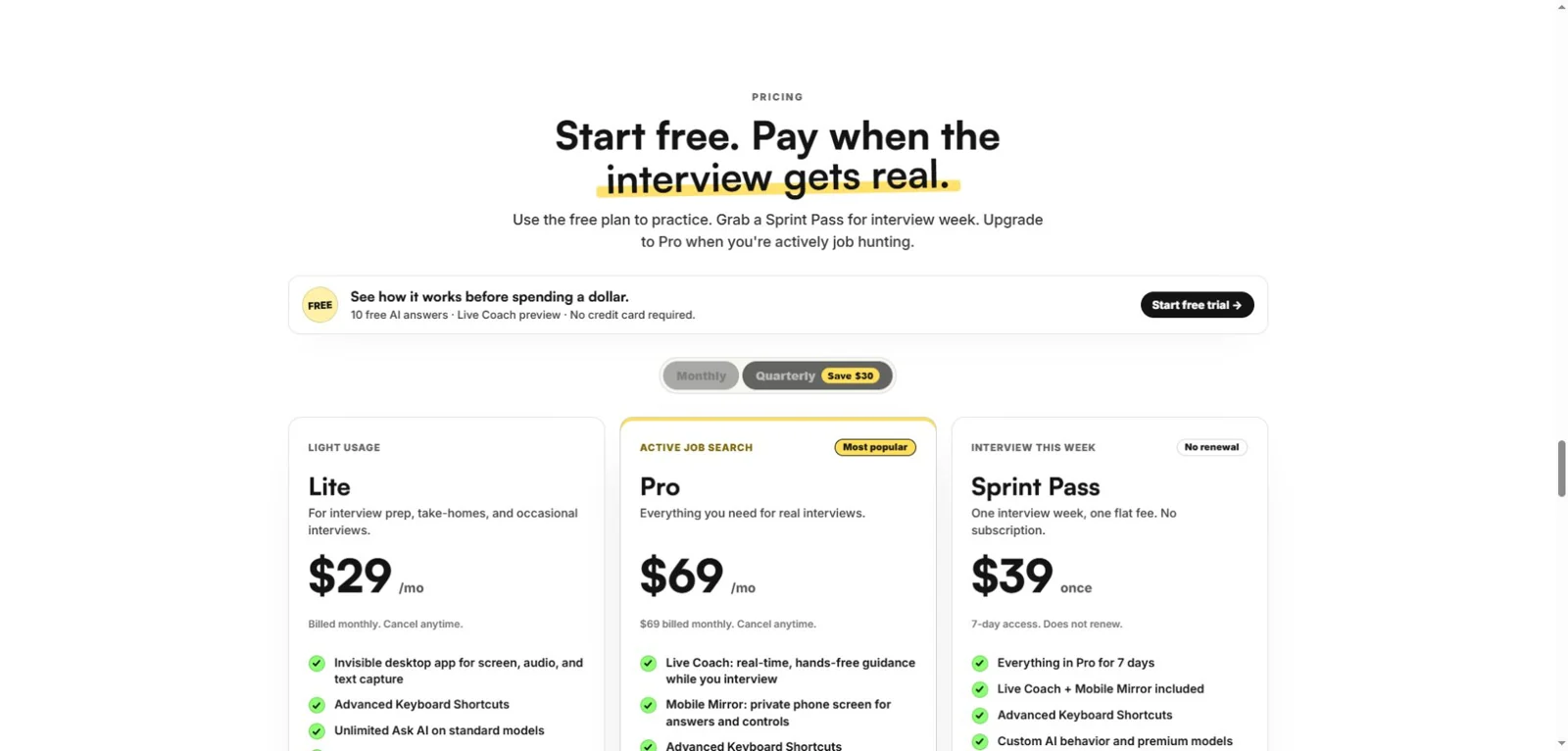 CTRLpotato official pricing with Monthly selected, showing Lite at 29 dollars, Pro at 69 dollars and Sprint Pass at 39 dollars