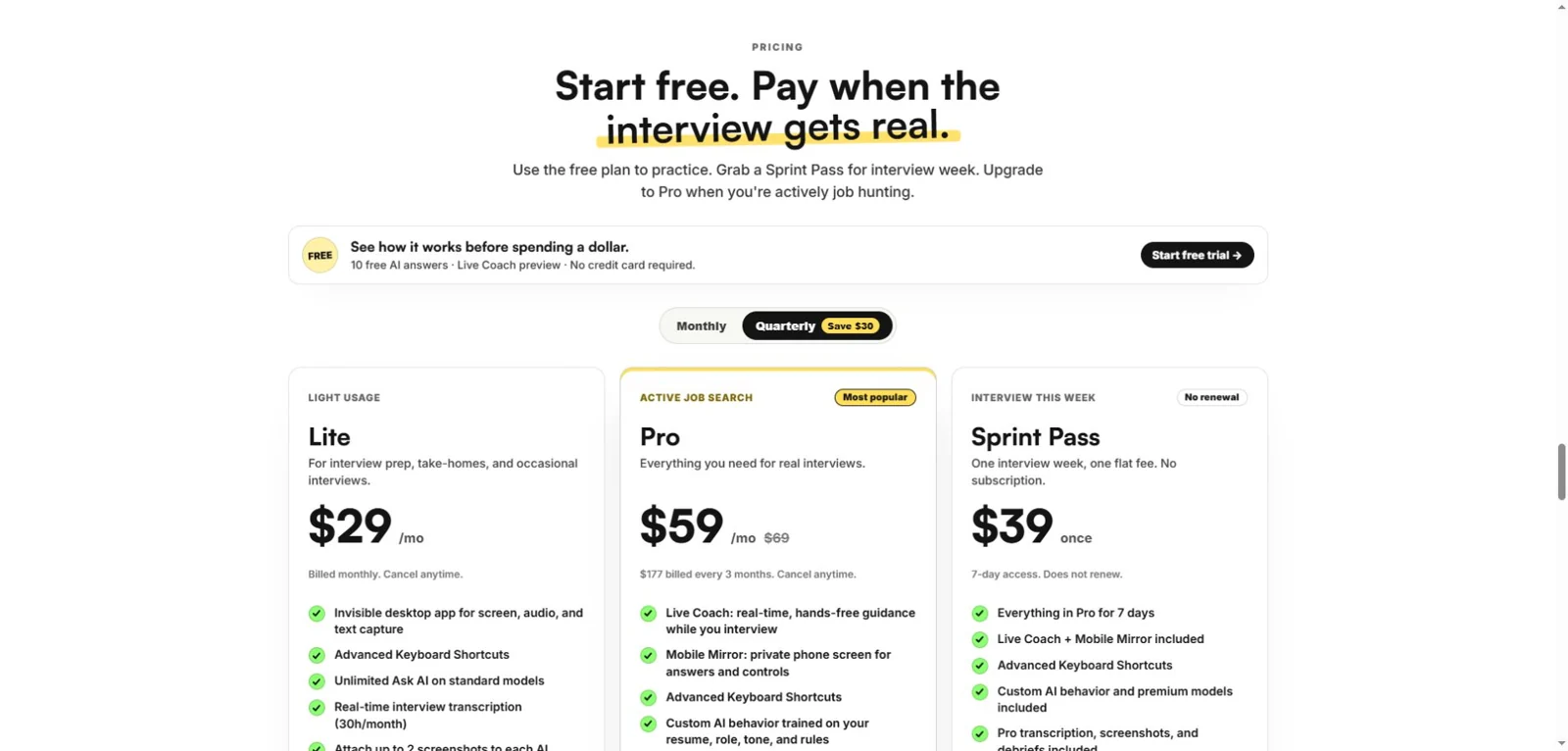 CTRLpotato pricing with Quarterly selected, showing Pro at 59 dollars per month equivalent and 177 dollars billed every three months