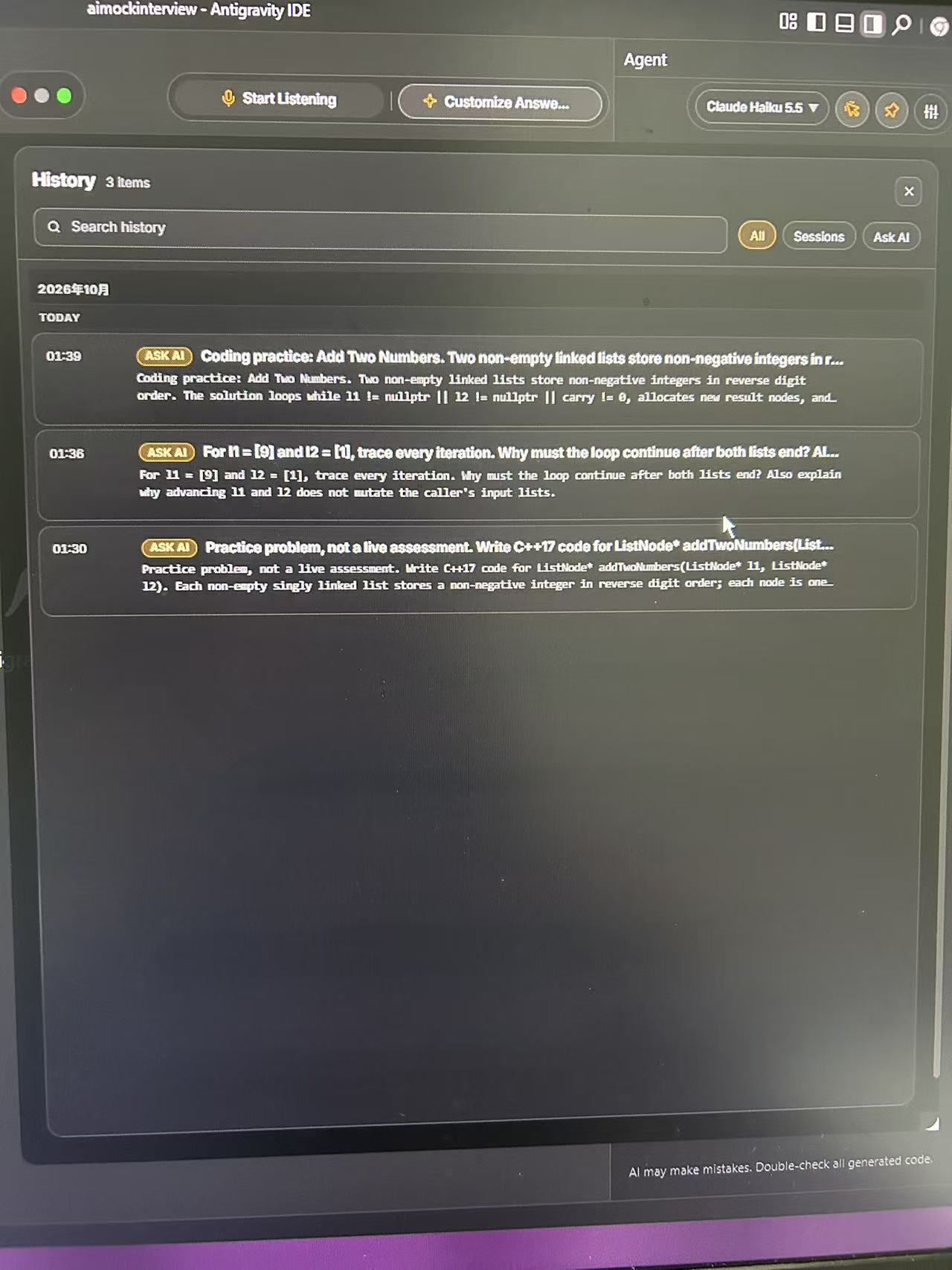 User-provided CTRLpotato history showing three Ask AI prompts about Add Two Numbers and a carry follow-up