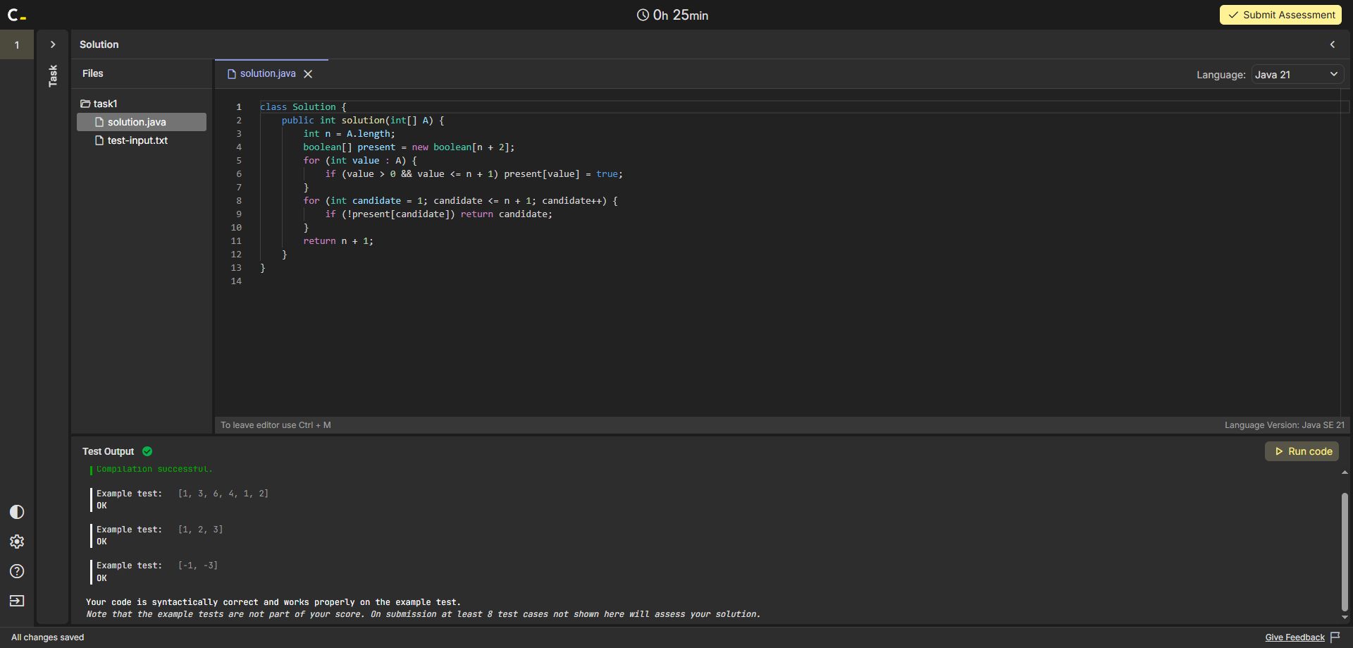 Actual Codility Demo Test editor showing the entered Java 21 solution, successful compilation and three example tests marked OK