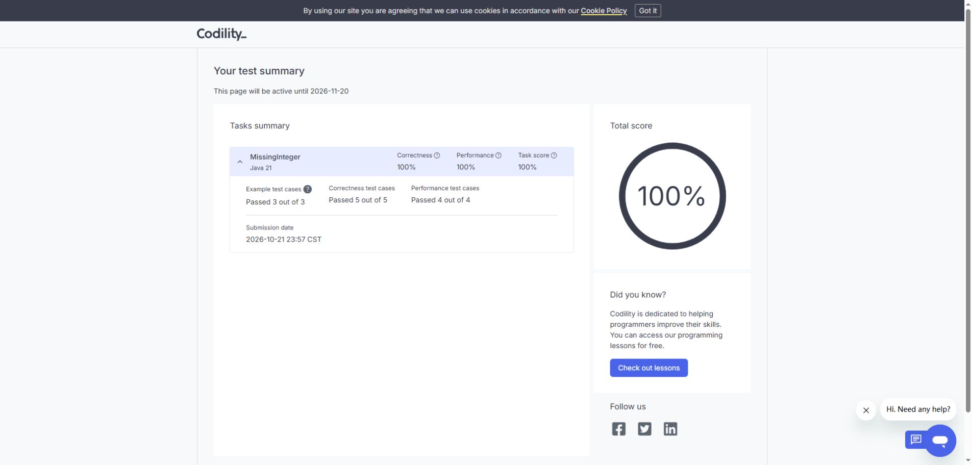 Actual Codility Demo Test summary showing Java 21, a 100 percent task score and passed example, correctness and performance cases