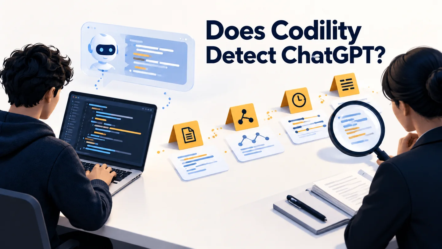 AI-generated editorial cover titled Does Codility Detect ChatGPT, showing code, AI suggestions and human review