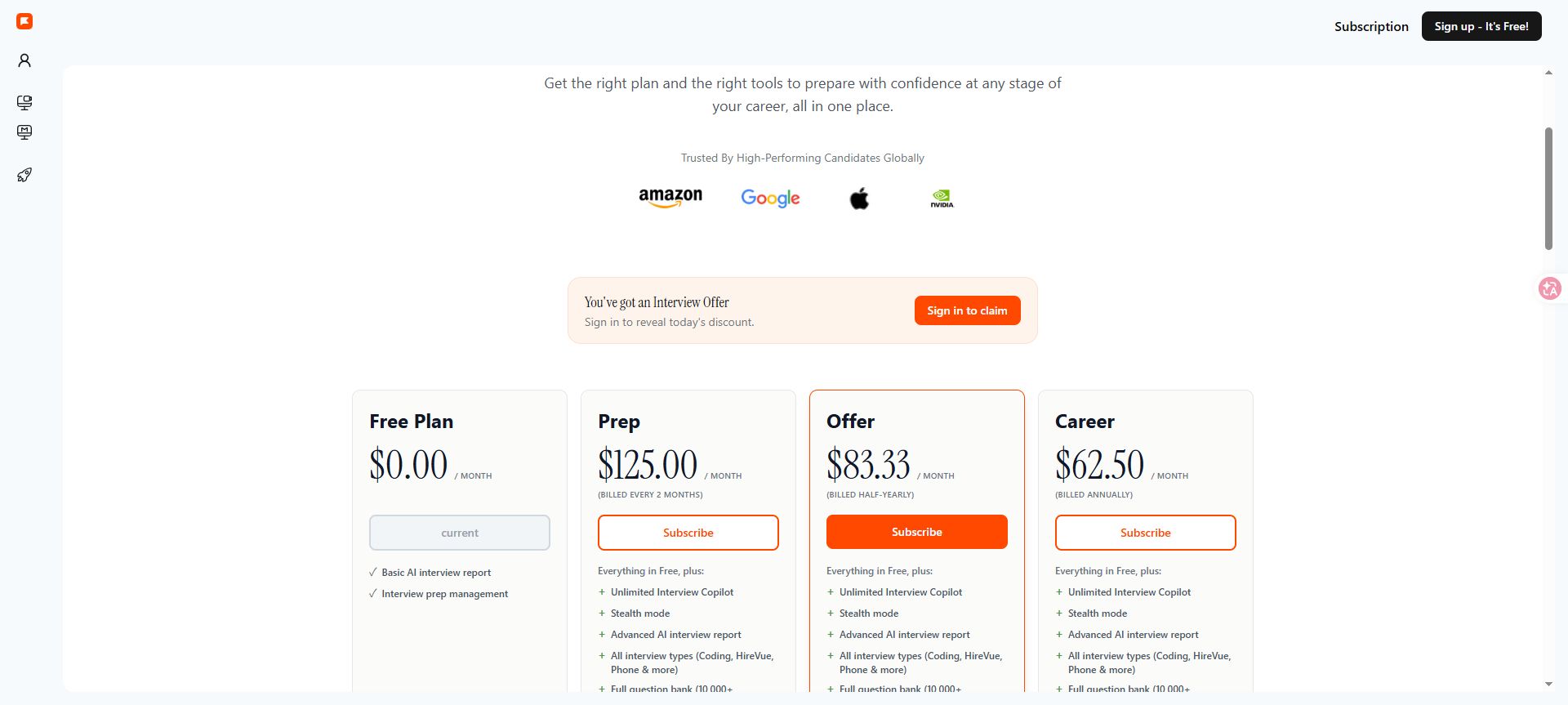 Final Round AI public subscription screen showing Free, Prep, Offer and Career plans and their billing periods, captured October 21, 2026