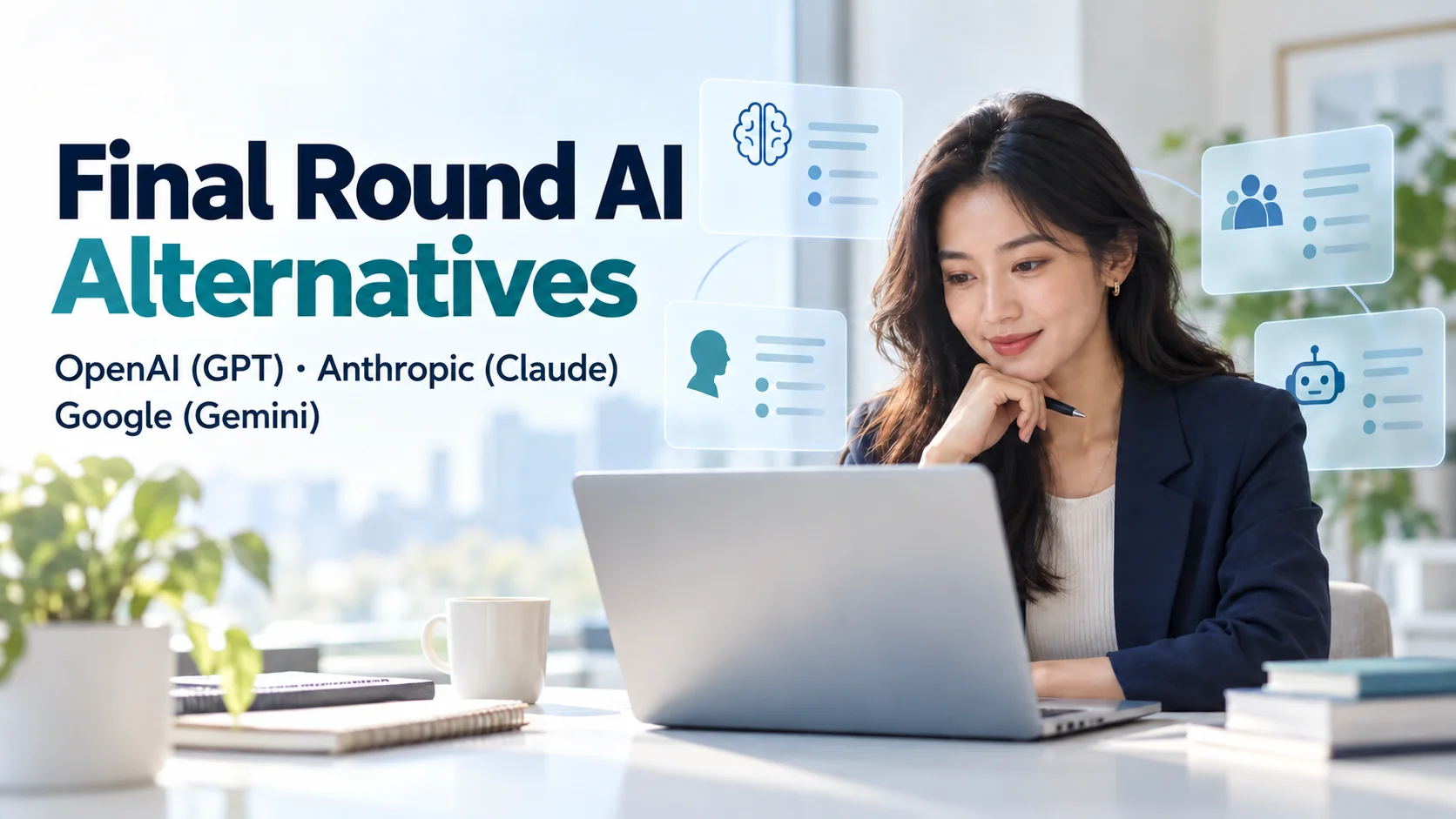 Final Round AI Alternatives editorial cover naming OpenAI GPT, Anthropic Claude and Google Gemini alongside a candidate preparing at a laptop