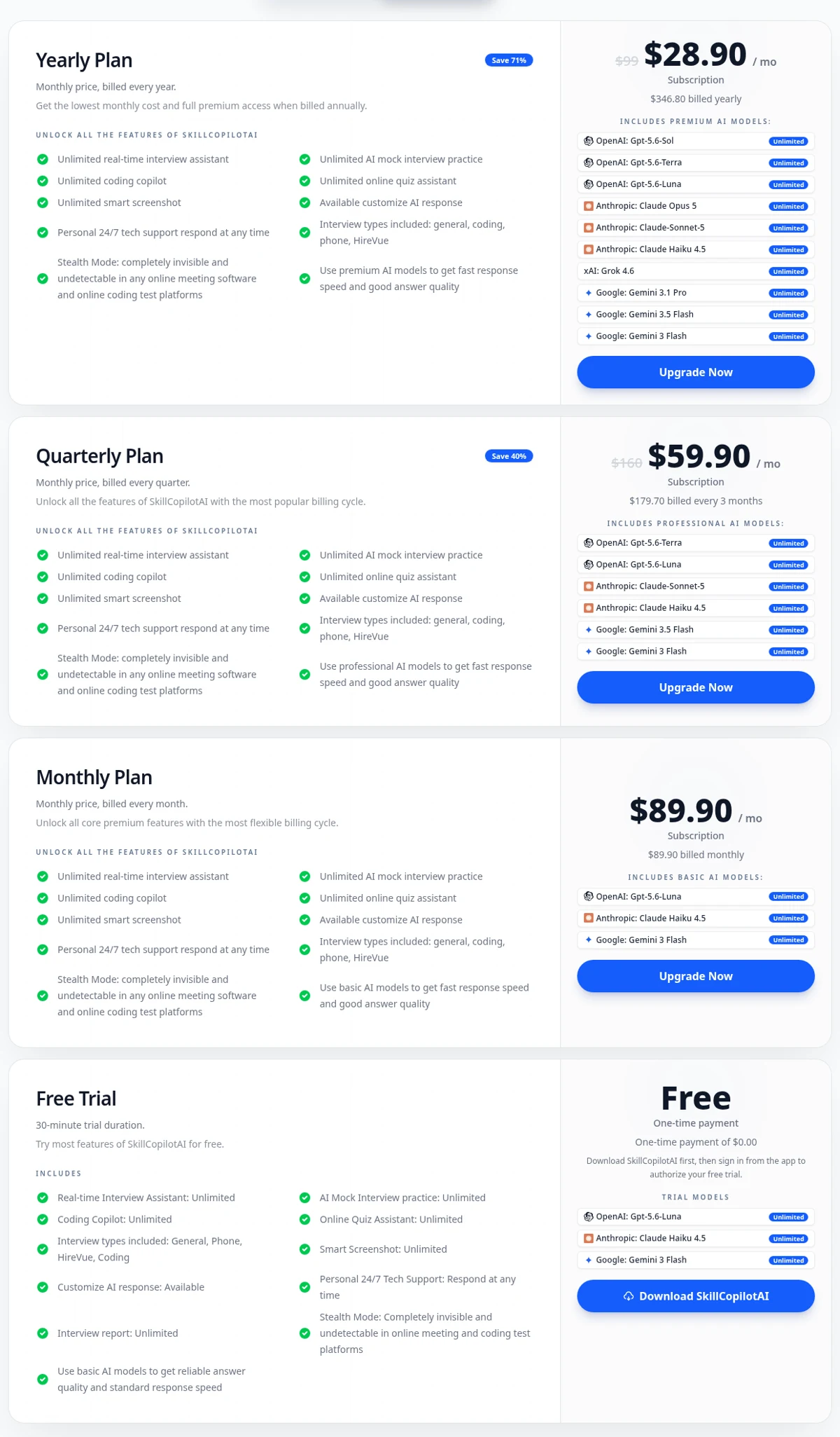 SkillCopilotAI pricing page showing the trial, monthly $89.90, quarterly $179.70 and yearly $346.80 plans on October 30, 2026