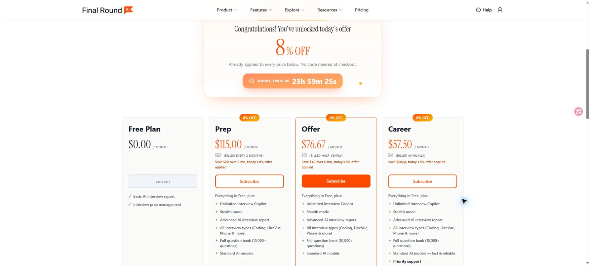 Final Round AI signed-in pricing showing Prep $115 per month billed every two months, Offer $76.67 per month billed half-yearly and Career $57.50 per month billed annually with a limited 8 percent offer