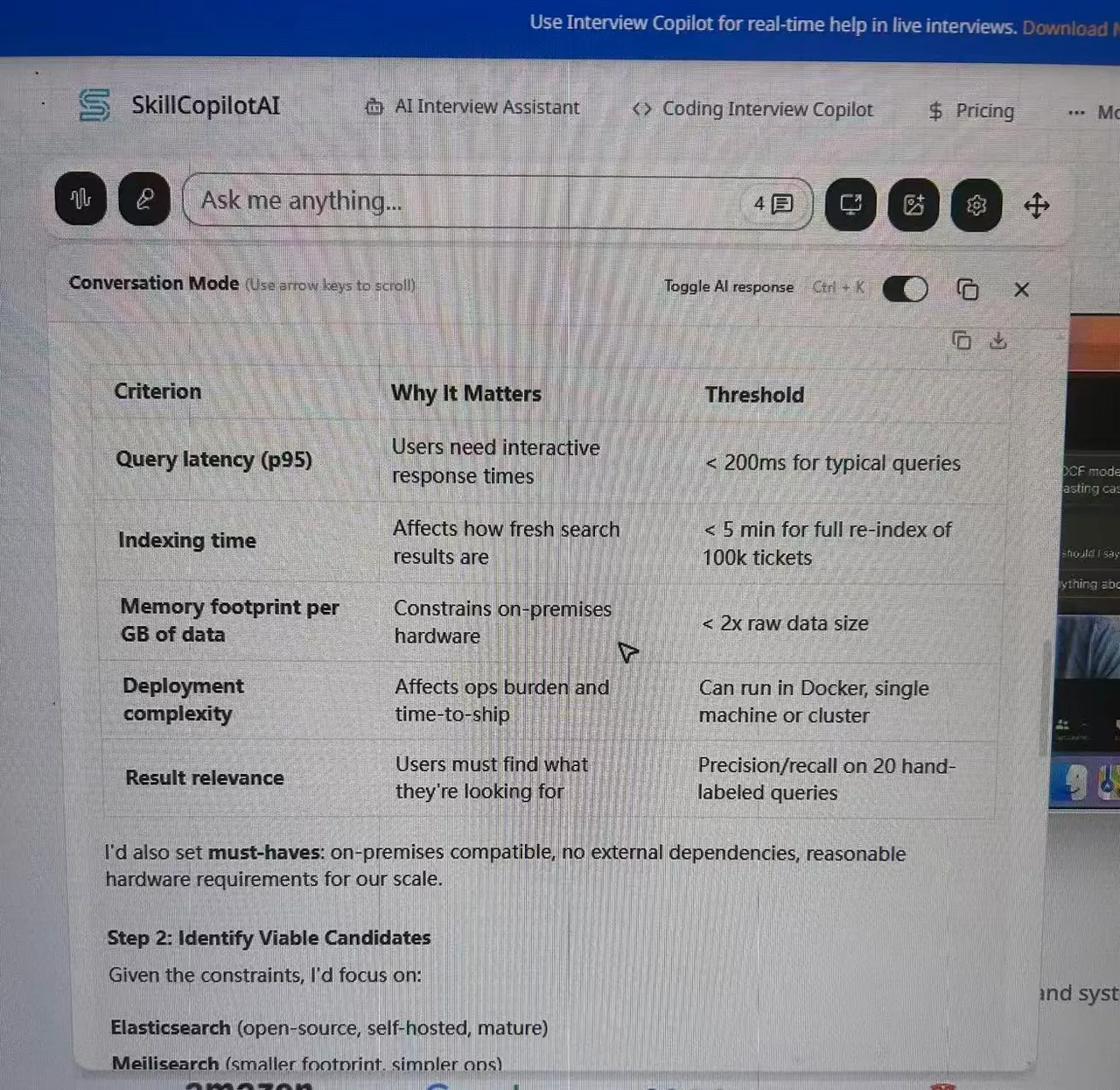 User-supplied SkillCopilotAI photograph showing proposed search evaluation criteria, including p95 latency below 200 milliseconds and full reindexing of 100,000 tickets in under five minutes.