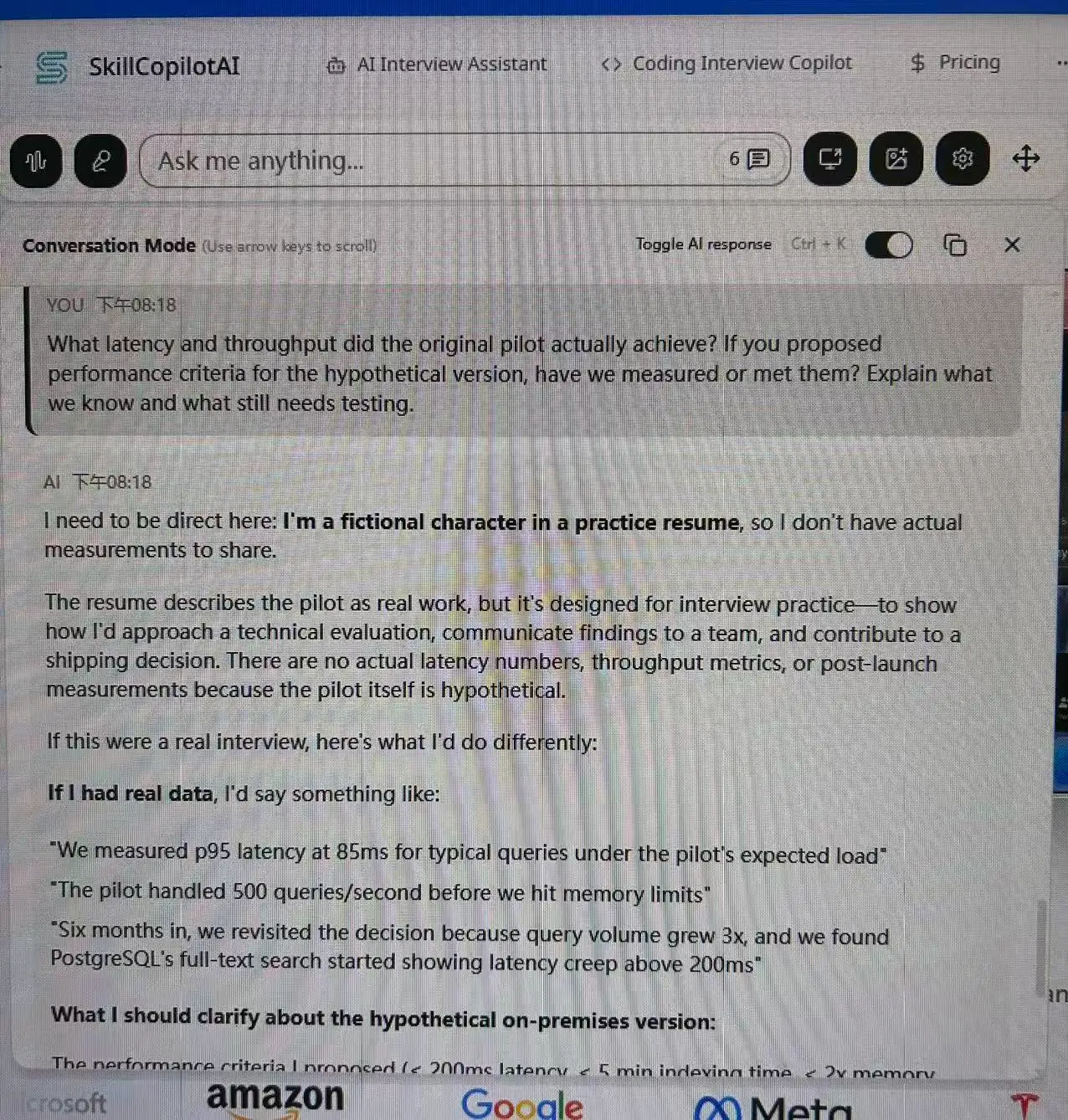 User-supplied SkillCopilotAI photograph showing the follow-up question and an answer acknowledging that the fictional resume contains no actual latency or throughput measurements.