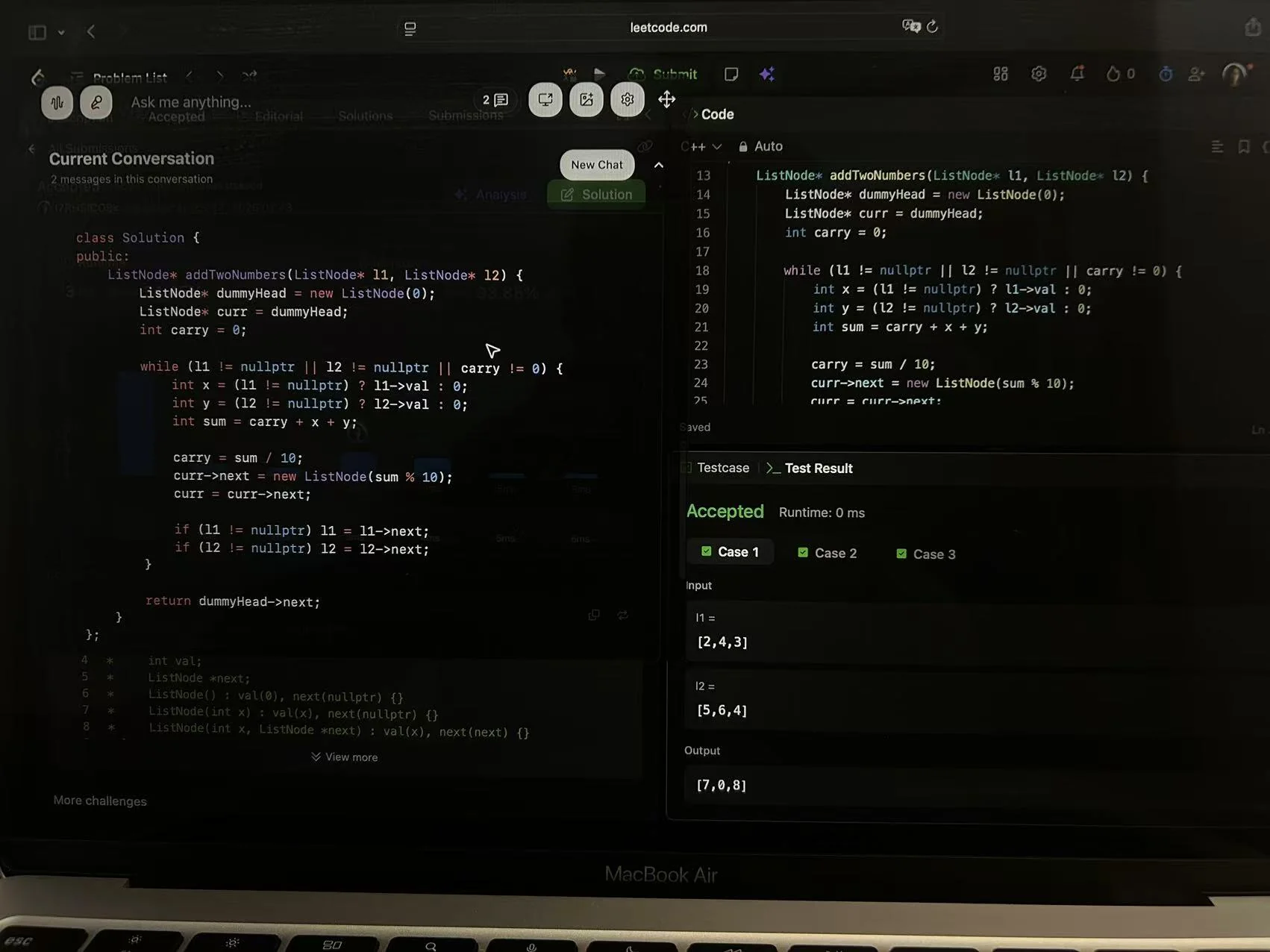 User-provided photograph showing SkillCopilotAI C++ output, the code in LeetCode, and Accepted with three checked test cases