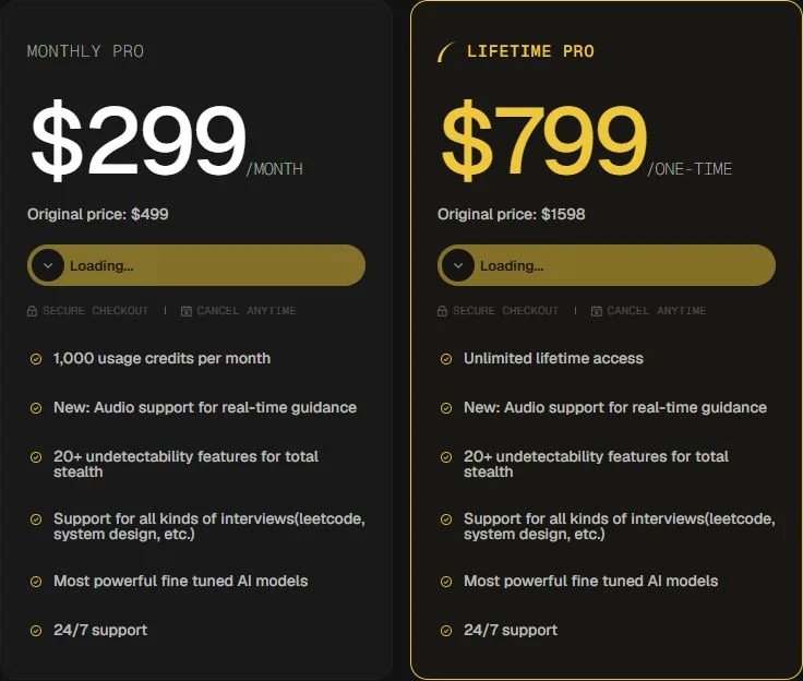 Interview Coder official Monthly Pro and Lifetime Pro pricing cards showing 299 dollars per month and 799 dollars one-time