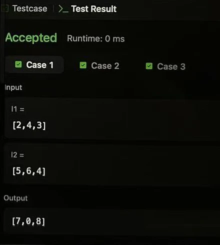 Detail cropped from the same user-provided photograph showing Accepted, three checked cases, inputs 2 4 3 and 5 6 4, and output 7 0 8