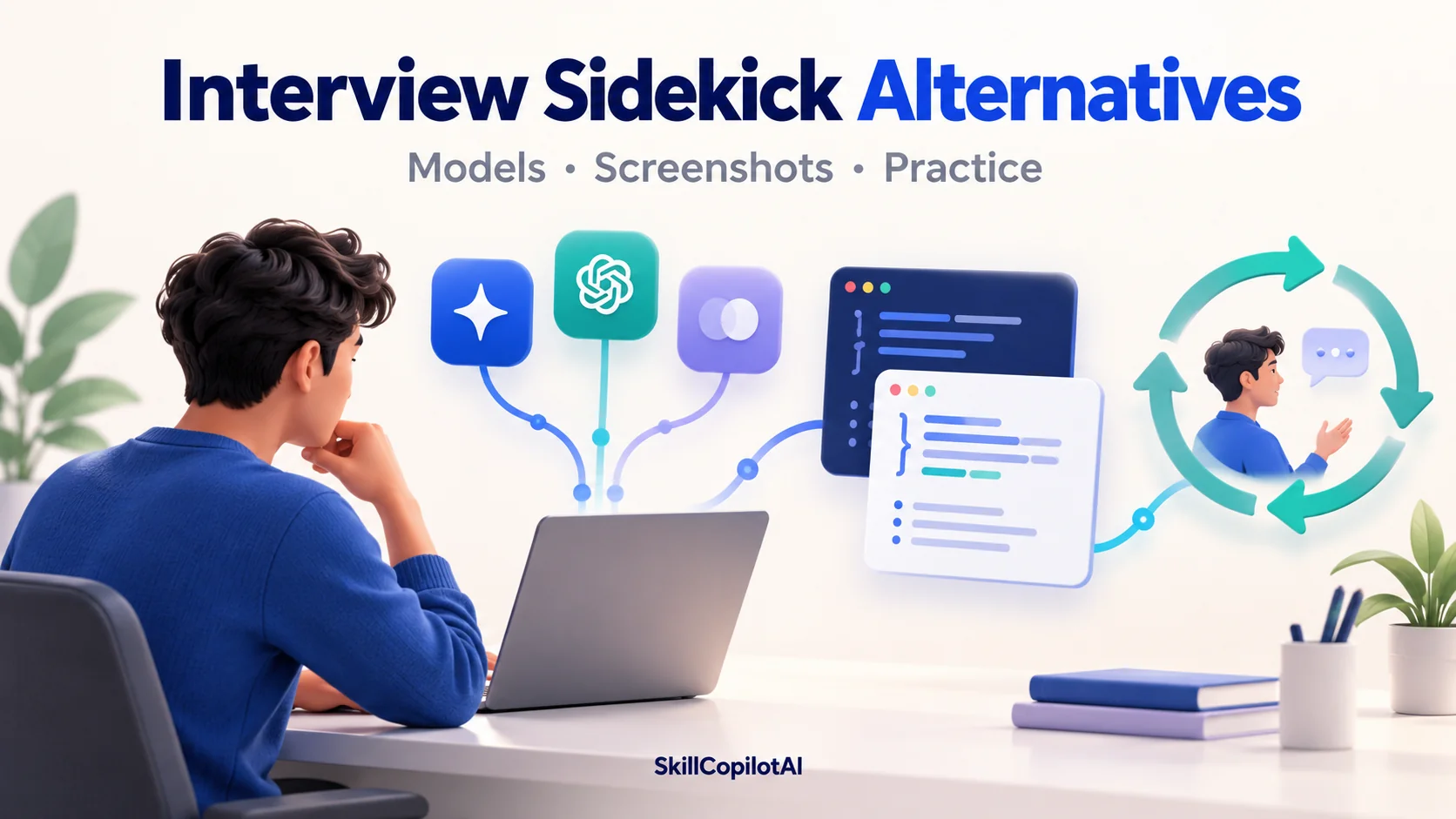 Editorial illustration of a candidate comparing AI model choices, coding screenshots and interview practice