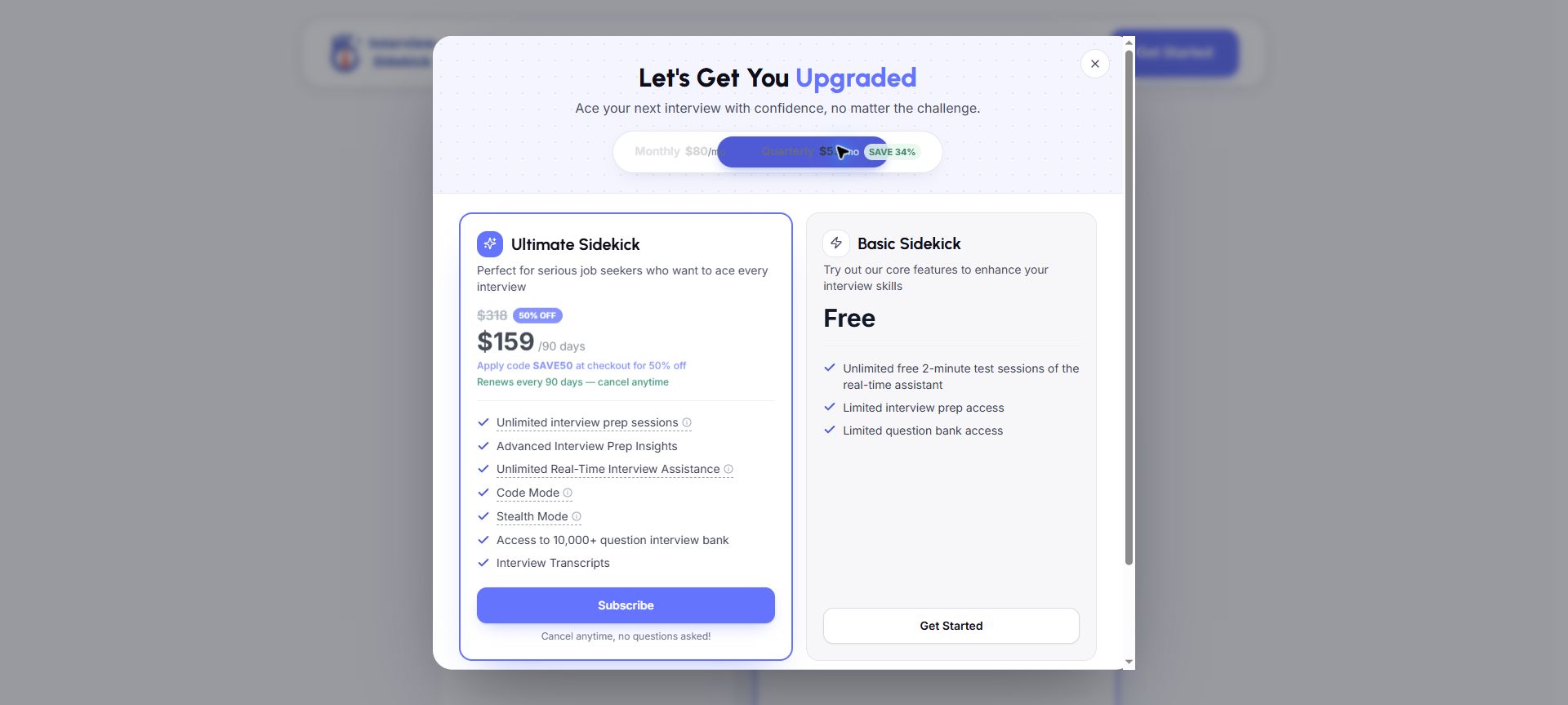 Interview Sidekick quarterly upgrade dialog showing $159 per 90 days and automatic renewal