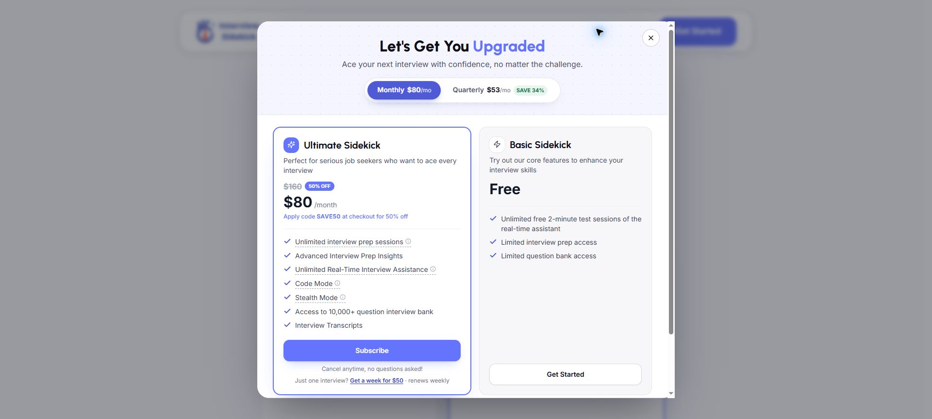 Interview Sidekick monthly upgrade dialog showing $80 per month, a SAVE50 promotion, and the weekly option