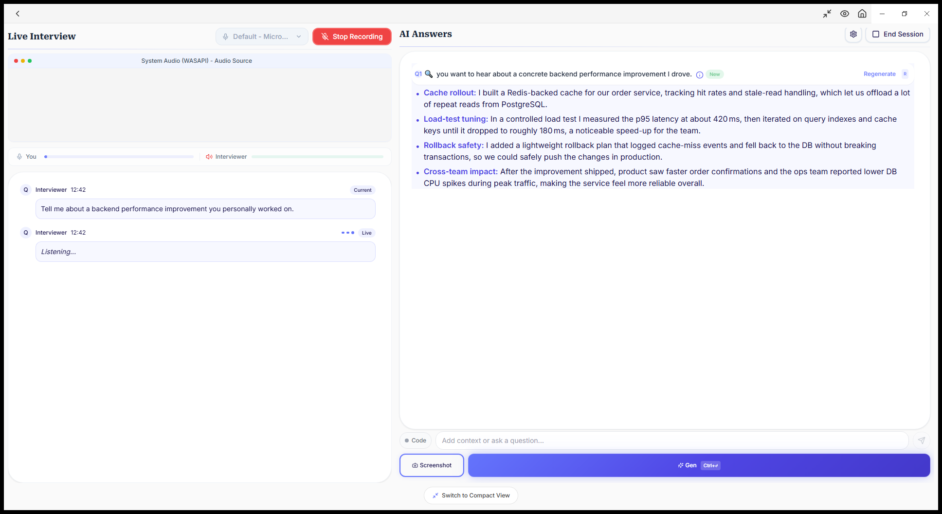 Interview Sidekick project answer preserving the p95 metric while adding production outcomes and team feedback