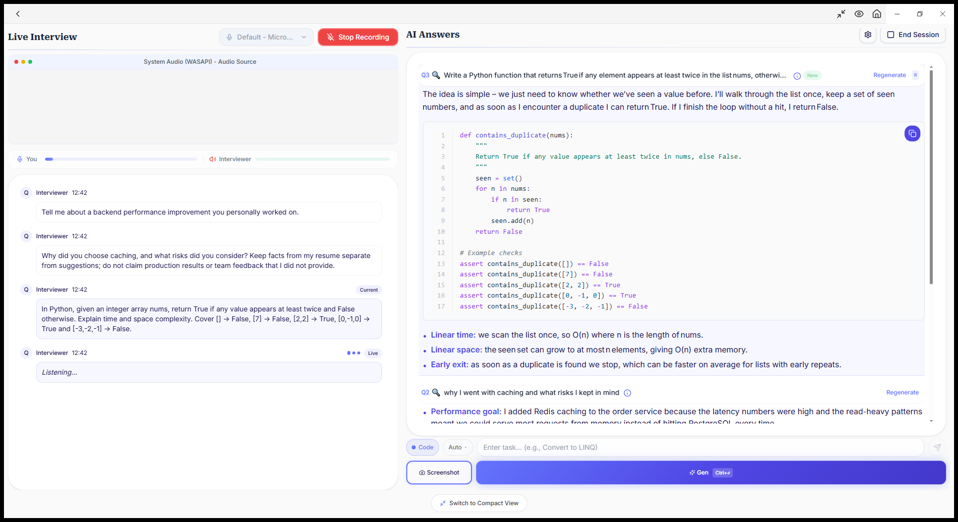 Interview Sidekick Code Mode displaying a Python duplicate-detection function, boundary assertions and complexity explanation