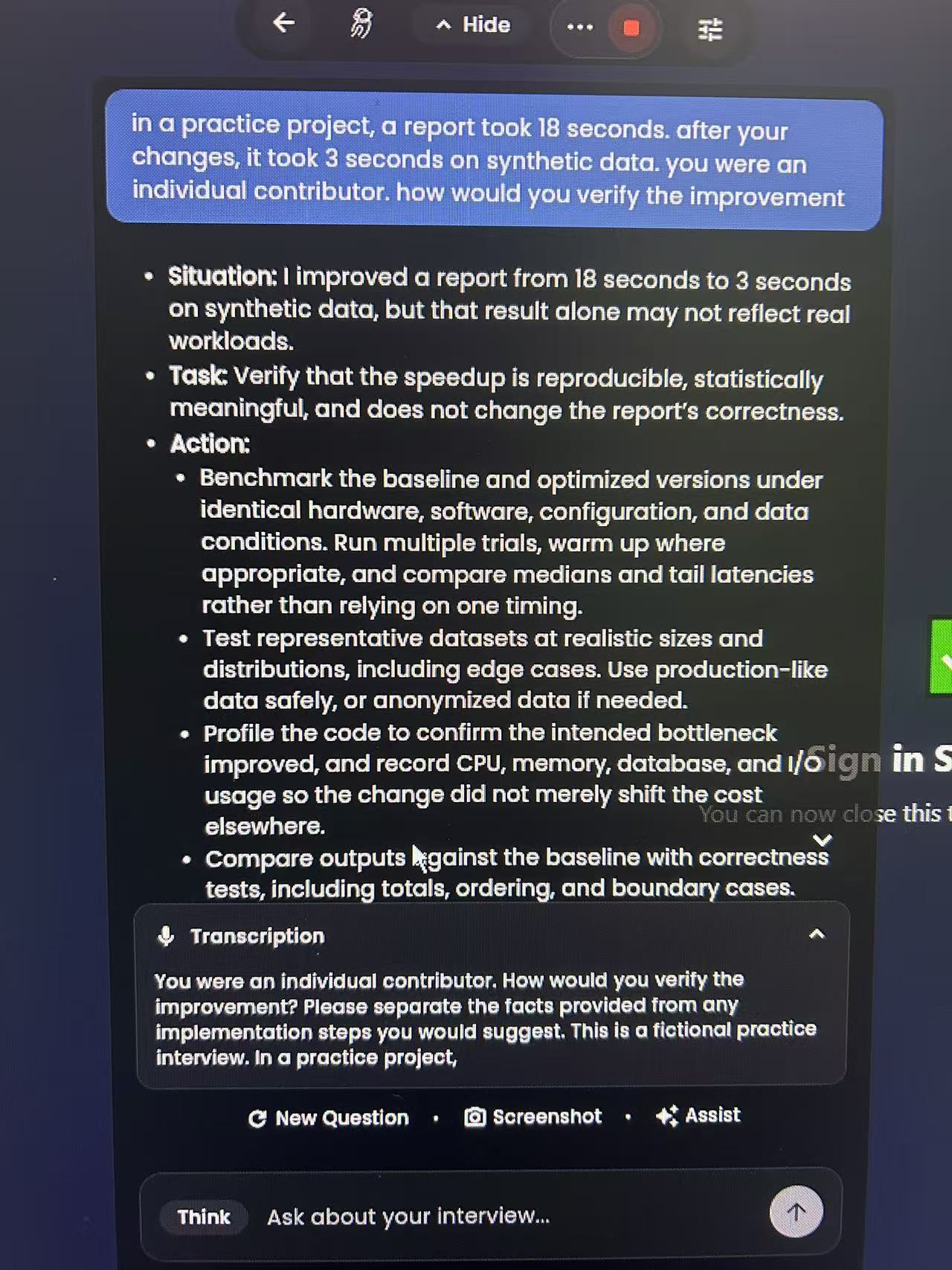 User-provided InterviewMan desktop photograph showing the synthetic report-performance question, transcription text, and a STAR-formatted verification answer