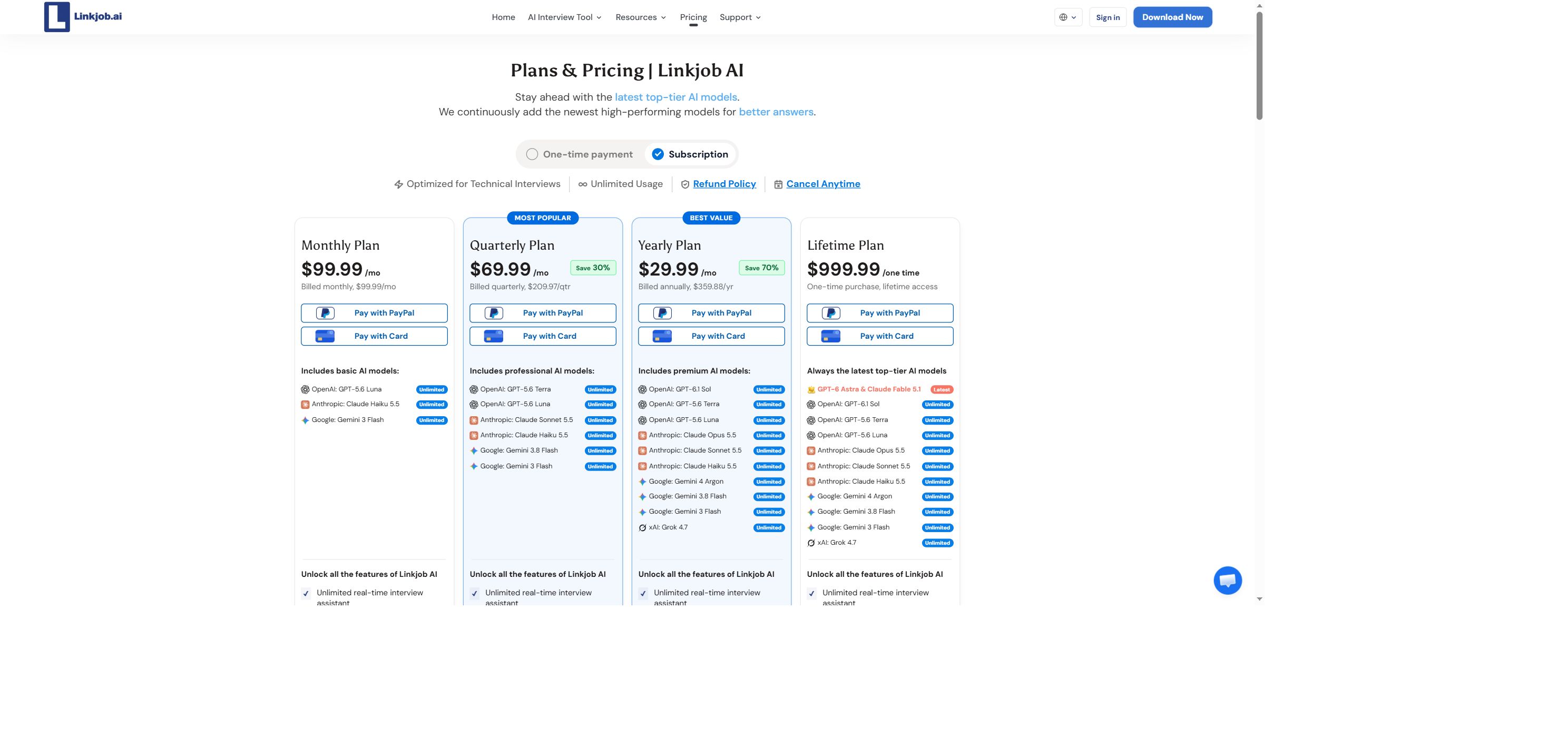 Linkjob pricing with Subscription selected, showing monthly, quarterly, yearly and lifetime public offers on October 26, 2026