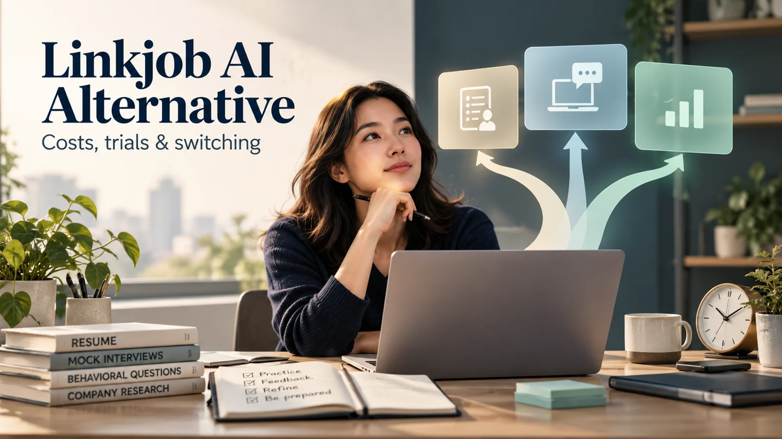 Editorial illustration for best Linkjob AI alternatives in 2026, showing a candidate comparing interview preparation workflows at a laptop