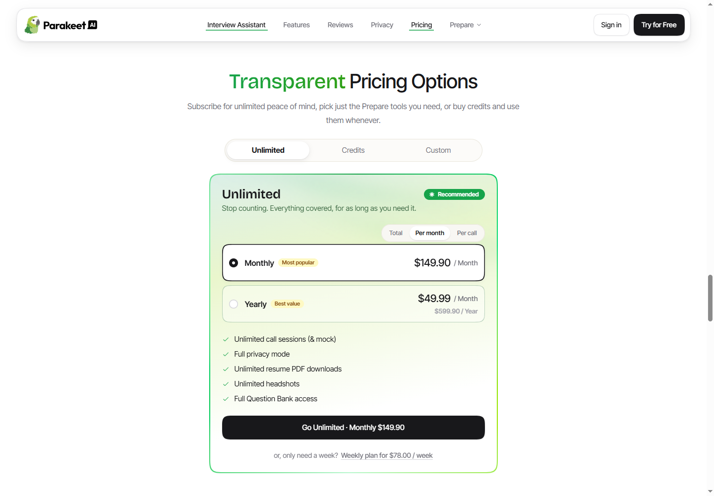 Parakeet AI official pricing showing the selected $149.90 monthly subscription, annual total and weekly option.