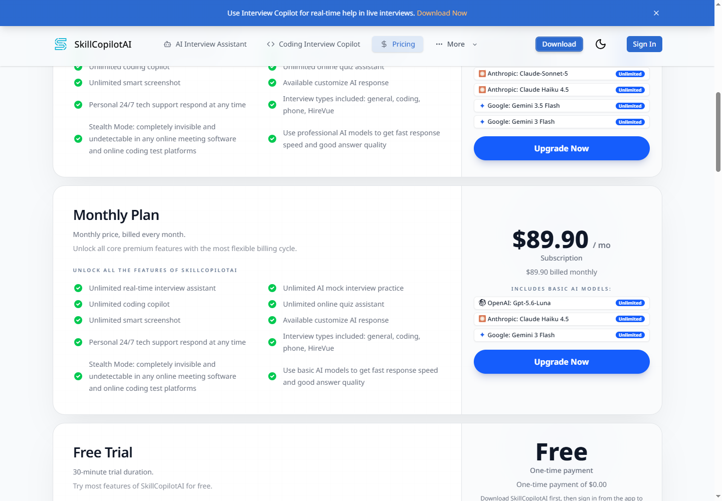 SkillCopilotAI public pricing showing the $89.90 monthly plan, included models and the beginning of the limited 30-minute trial offer.