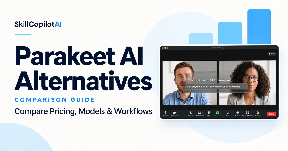 Parakeet AI alternatives cover comparing pricing, models and workflows, with a SkillCopilotAI product illustration.