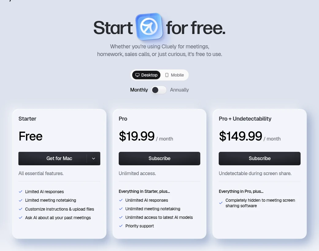 Cluely pricing page with monthly billing showing Starter free, Pro $19.99 and Pro + Undetectability $149.99 on October 30, 2026