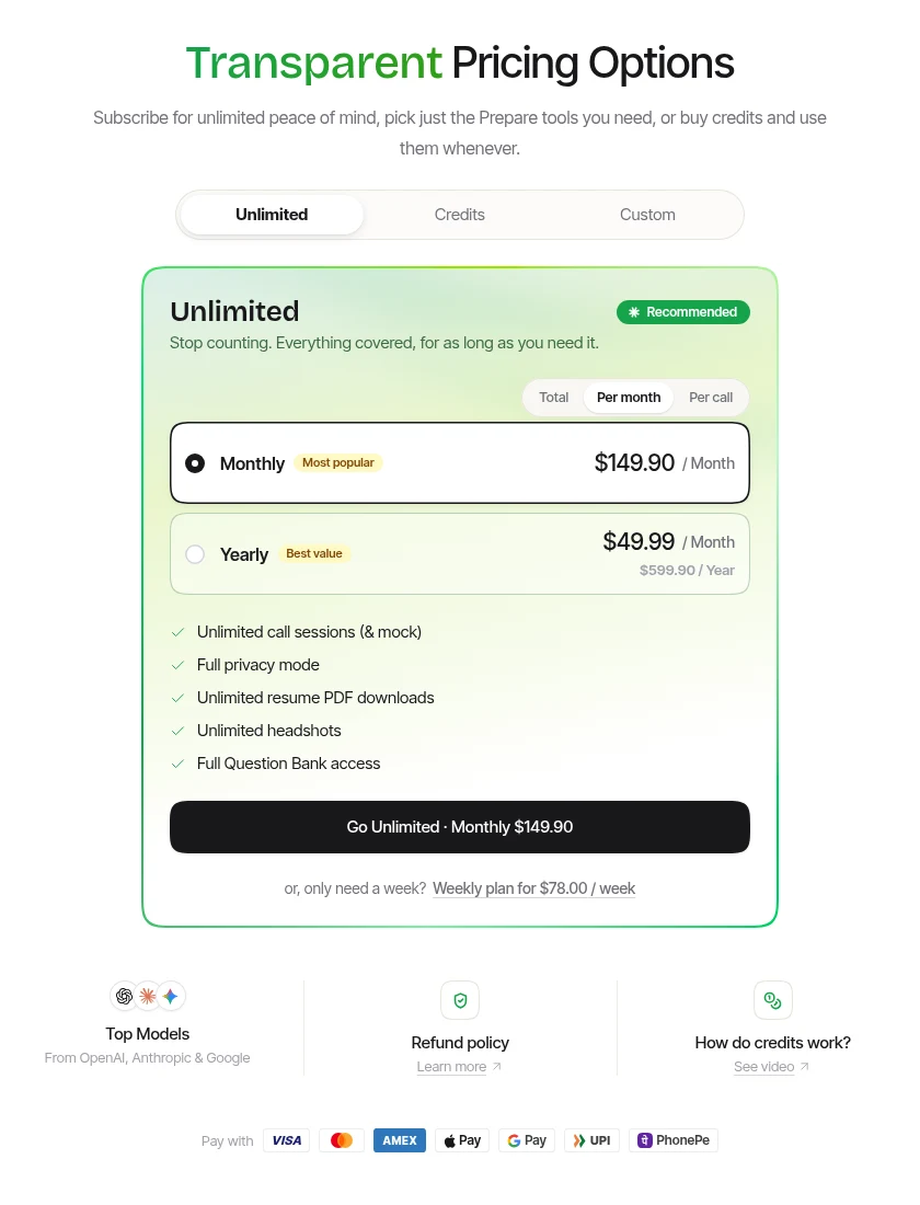 Parakeet AI pricing page with the Unlimited tab selected, showing $149.90 per month, $599.90 per year and $78 per week on October 30, 2026