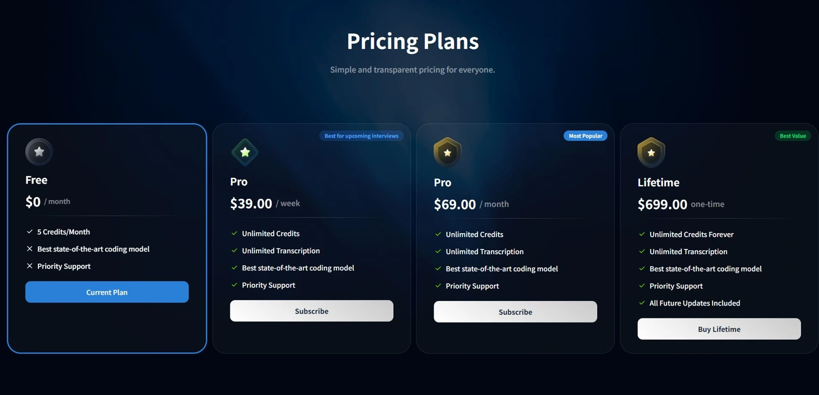 ShadeCoder official pricing showing Free, 39 dollars weekly, 69 dollars monthly, and 699 dollars lifetime