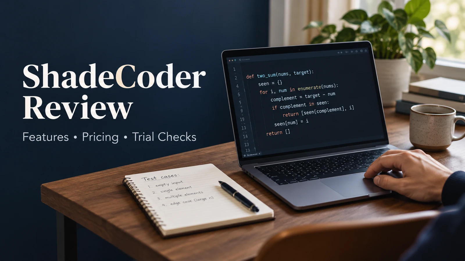 ShadeCoder Review title beside an illustrative coding desk with a laptop and test-case notebook