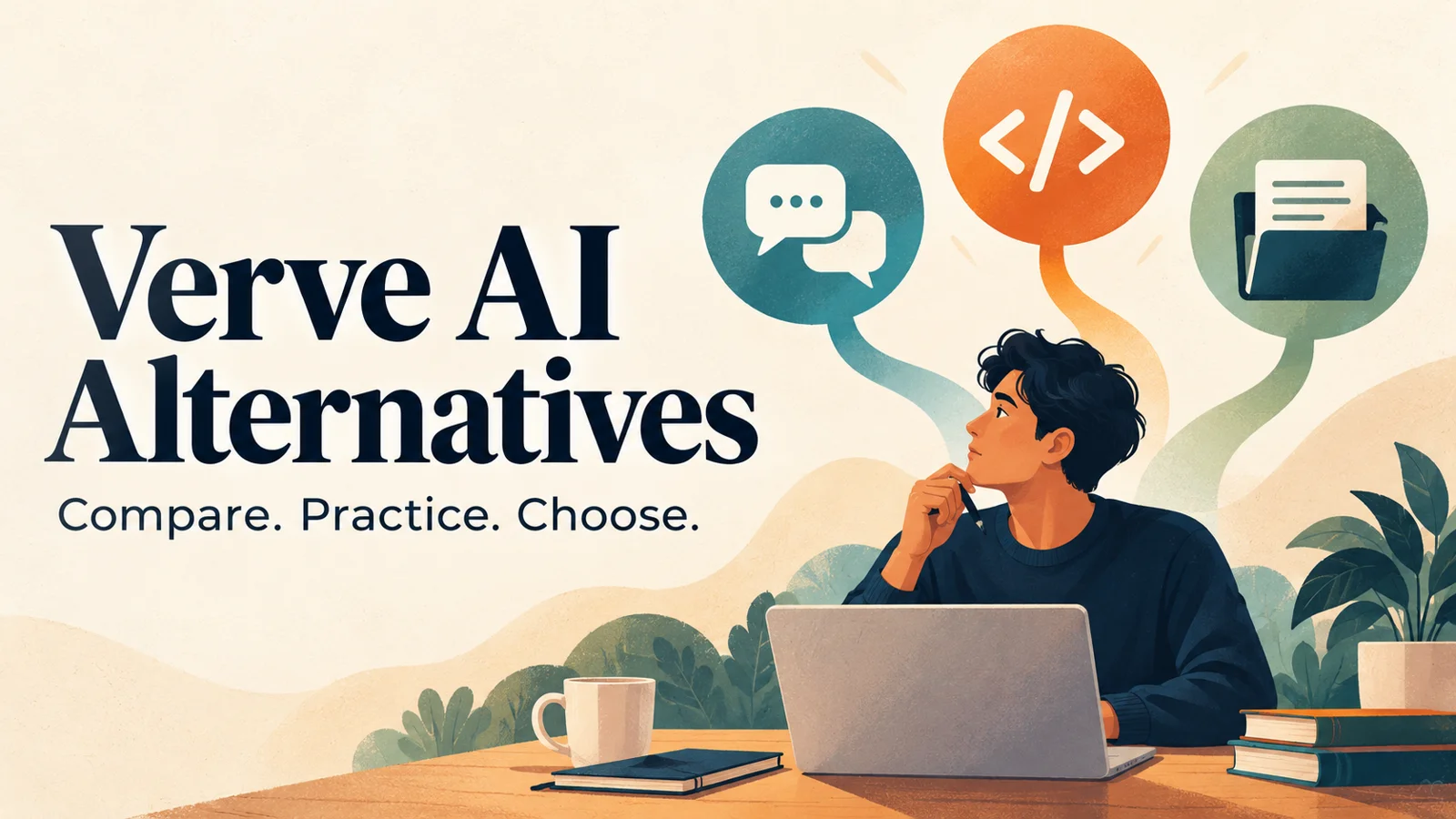 Editorial illustration of a candidate comparing interview conversation, coding and preparation materials, titled Verve AI Alternatives