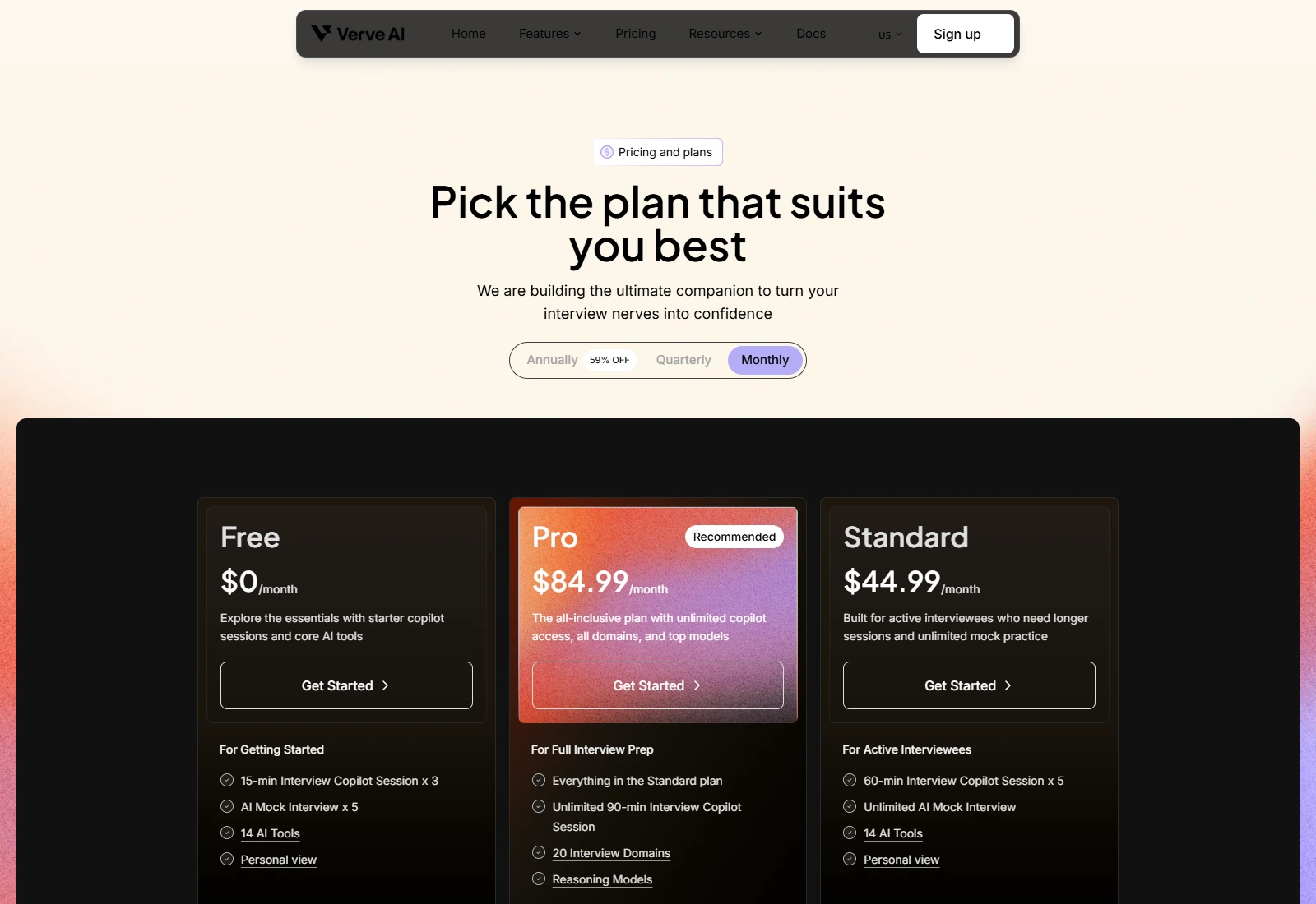 Verve official USD monthly pricing showing Free, Pro at $84.99 and Standard at $44.99, with their session limits