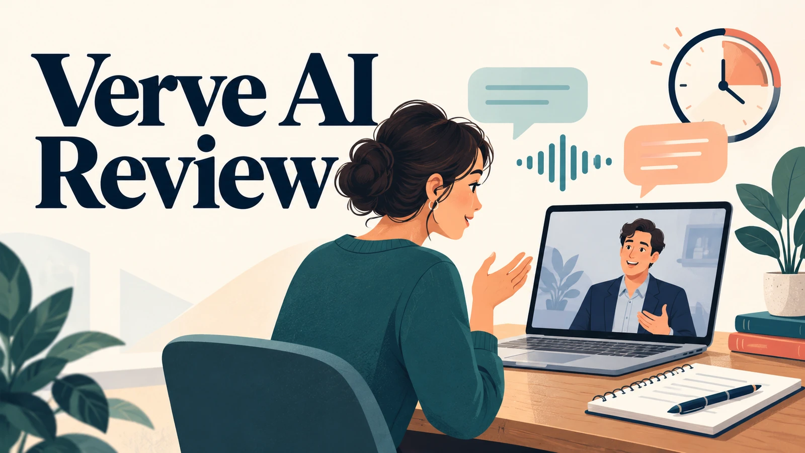 An editorial illustration of interview practice with a laptop, conversation and a clock, titled Verve AI Review