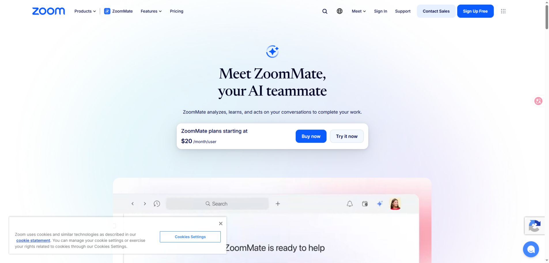 Zoom's official AI product page displaying ZoomMate and its conversation-to-work description