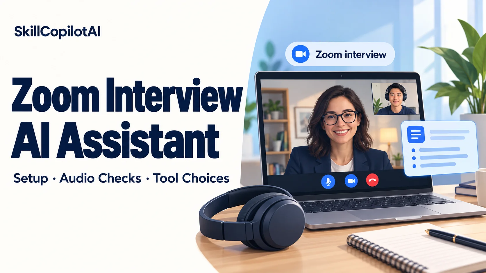 AI-generated article cover titled Zoom Interview AI Assistant, with a video interview, headphones and an answer-cue illustration
