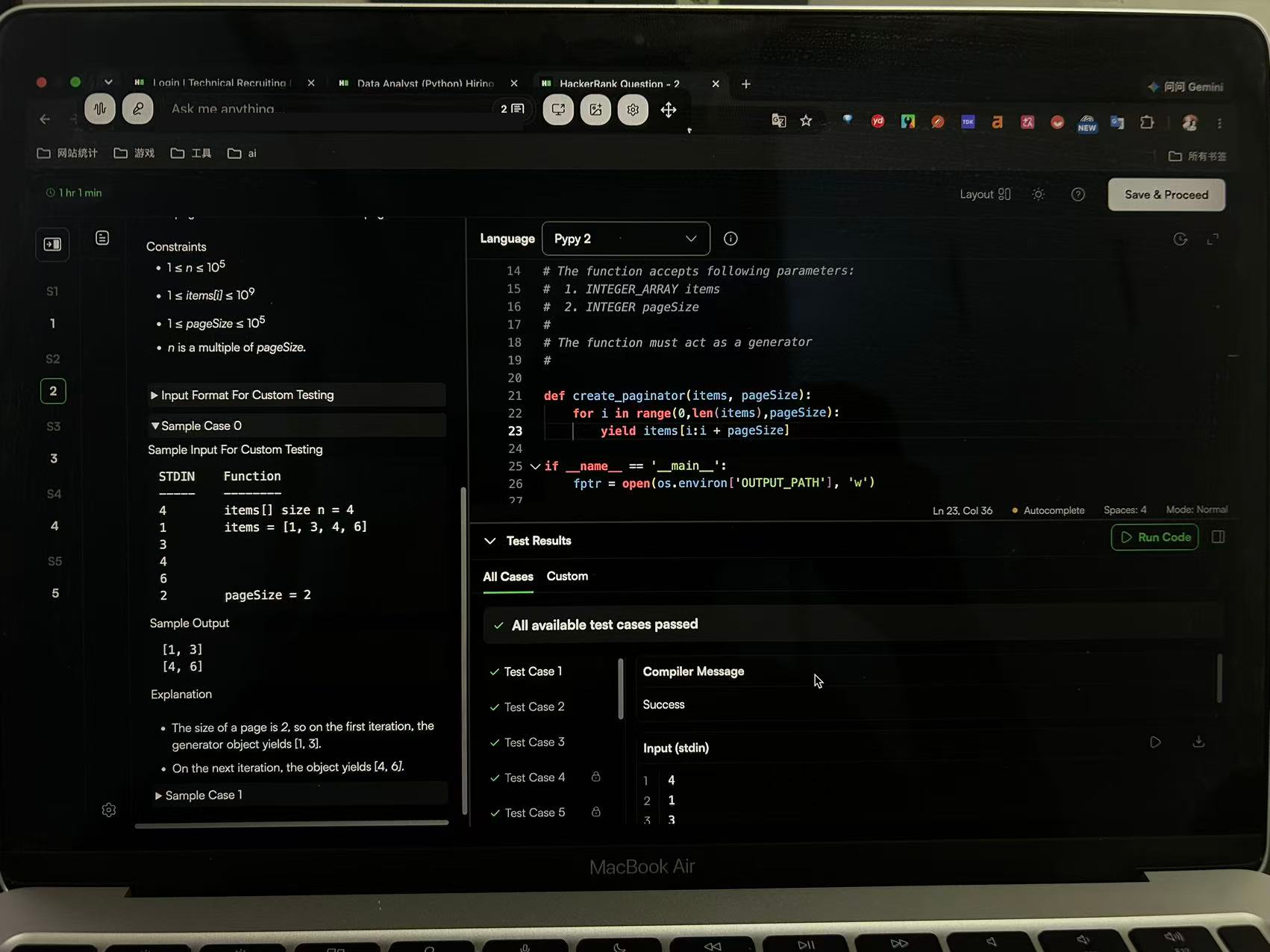 Contributor-supplied photograph of the pagination code and HackerRank's All available test cases passed result