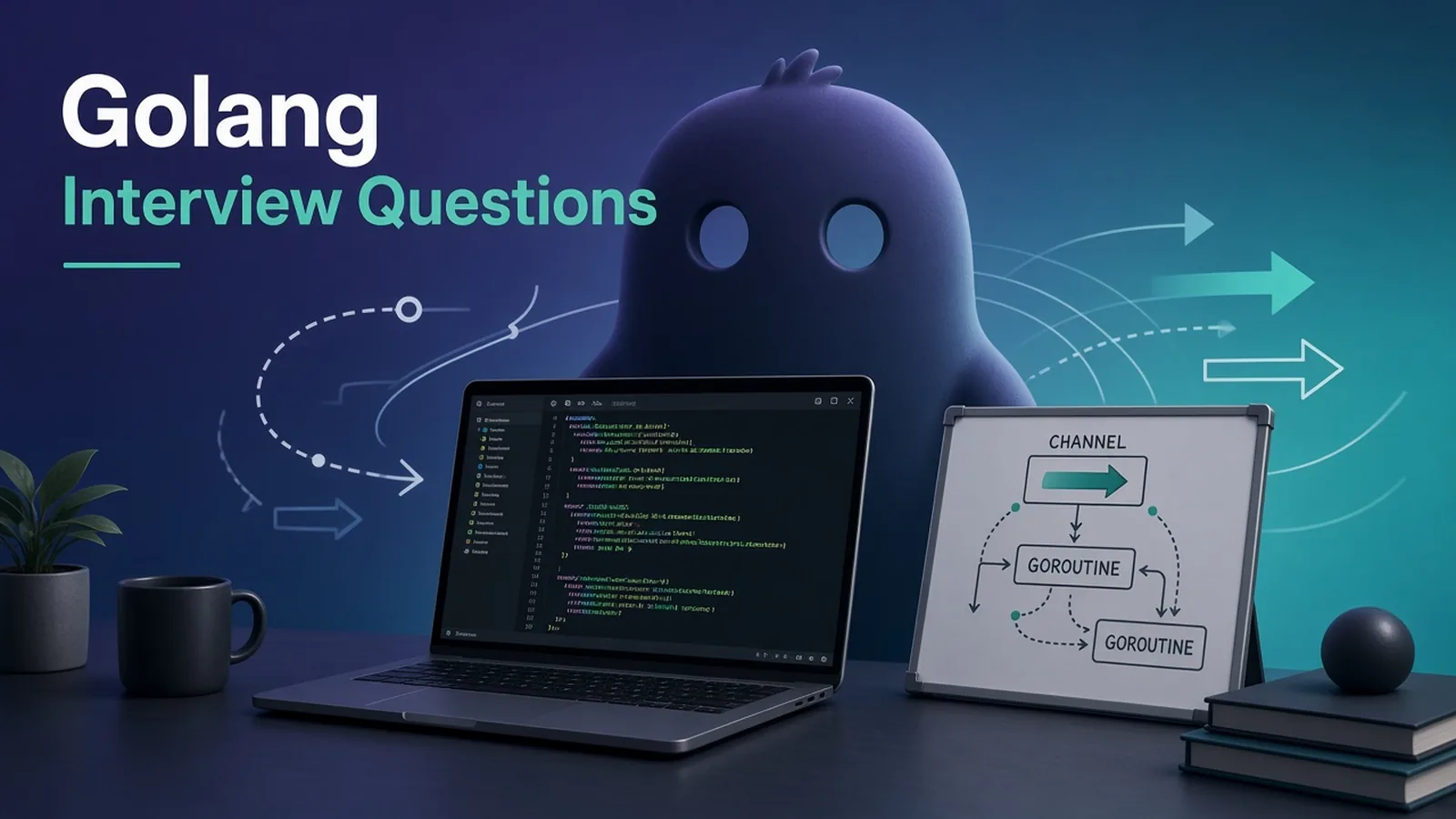 Editorial cover titled Golang Interview Questions with a laptop code editor, channel and goroutine whiteboard sketch, and abstract concurrency paths