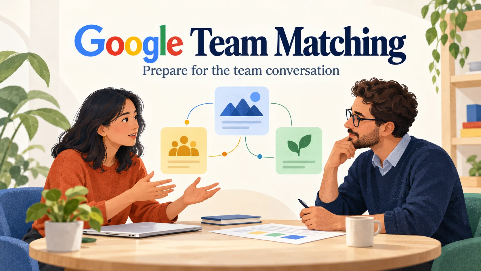 Editorial illustration titled Google Team Matching, with a candidate and manager discussing project and team options